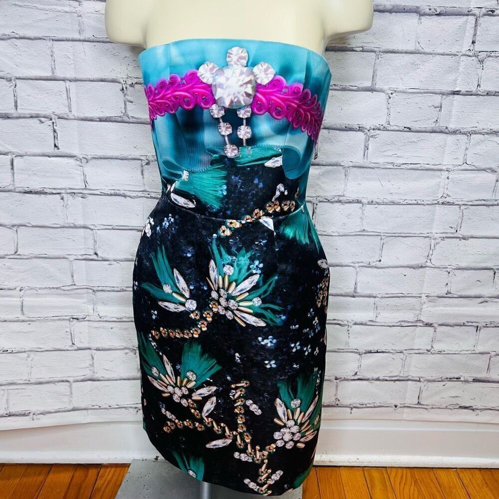 Mary Katrantzou Strapless Jewel-Print Short Cocktail Dress Euro size 8